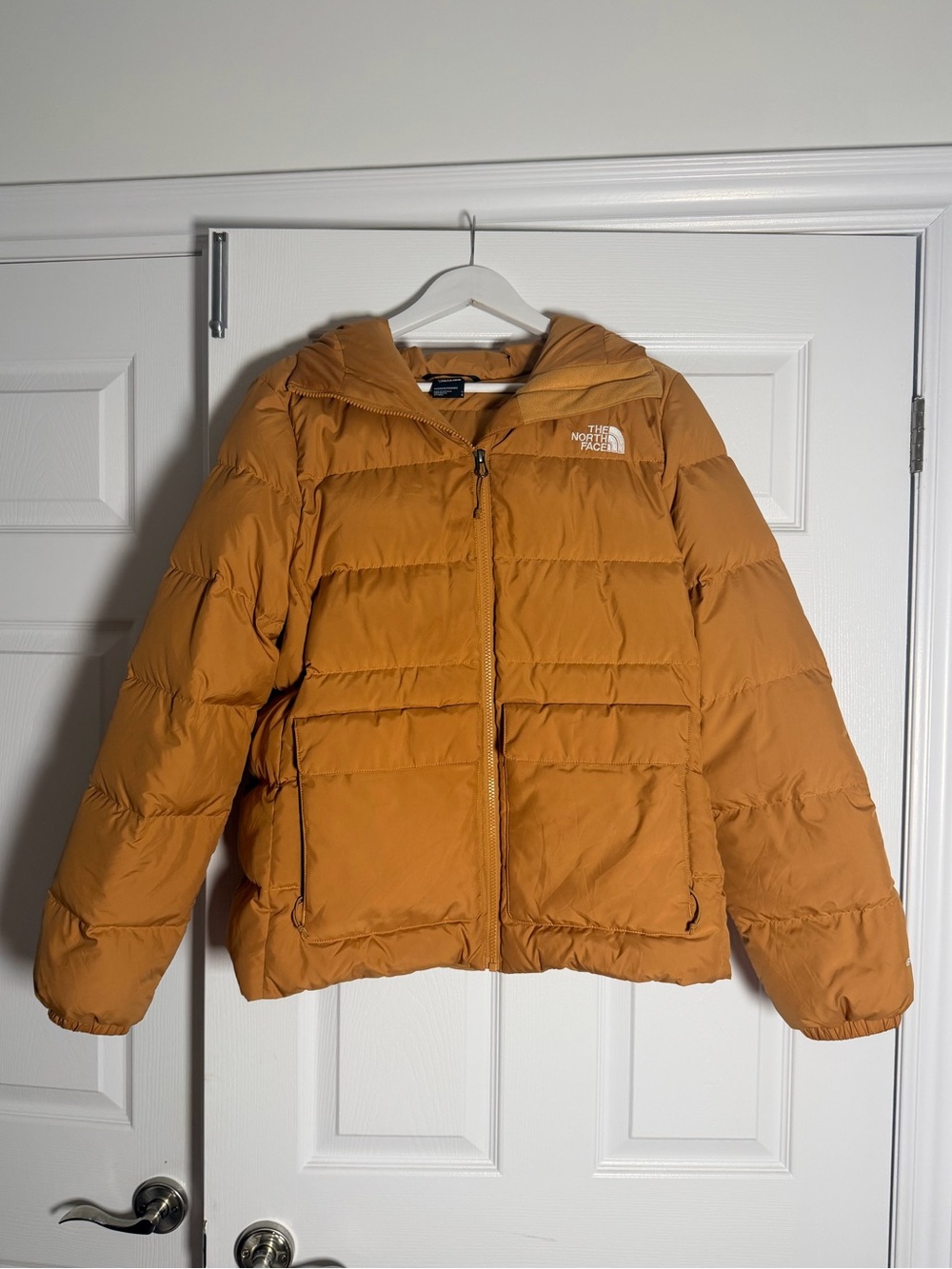 The North Face Womenโs Mustard Gold Hooded Down Puffer Jacket Size Large